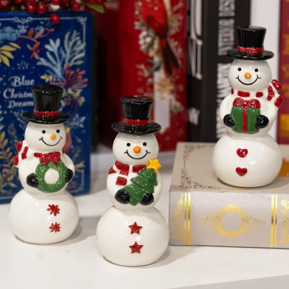 Set Of 3 Ceramic Cute Snowman Ornaments Christmas Decorations For Table